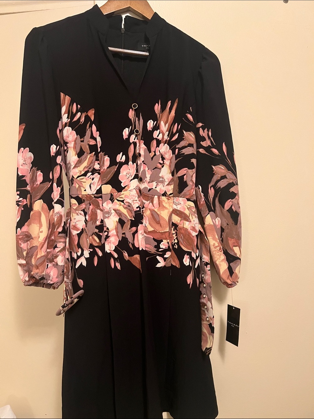 Tahari ASL Black Long Sleeve Floral Belted Dress with Pink and Peach Blooms